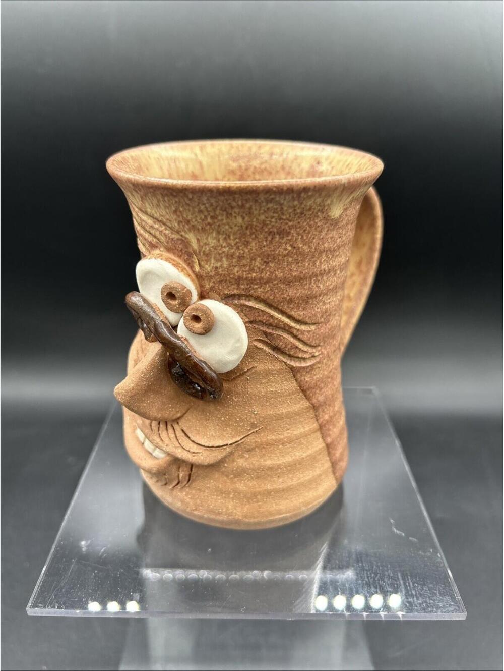 Vintage Handmade Stoneware Art Pottery Ugly Face with Glasses Funny 3D Mug